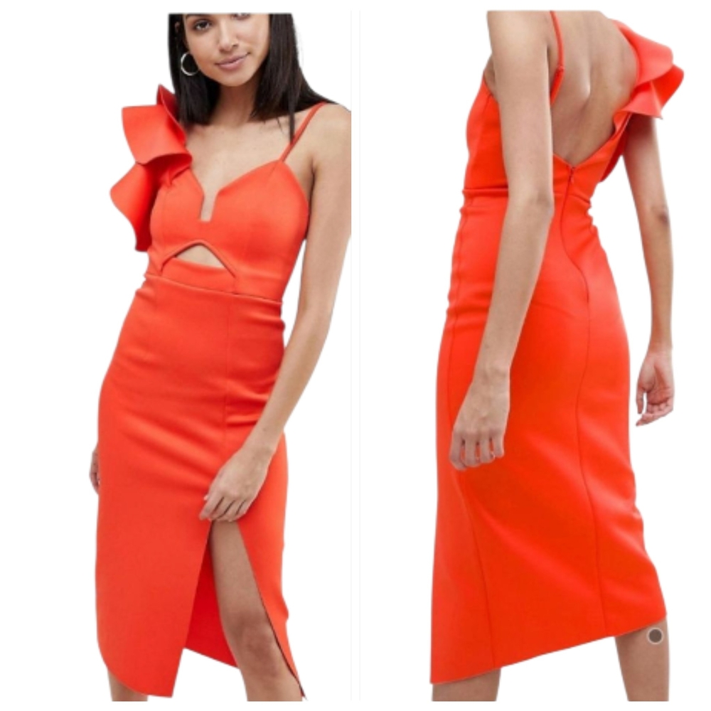 Nwt ASOS Design Orange Frill One Shoulder Ruffle Cut Out Scuba Tall Midi Dress